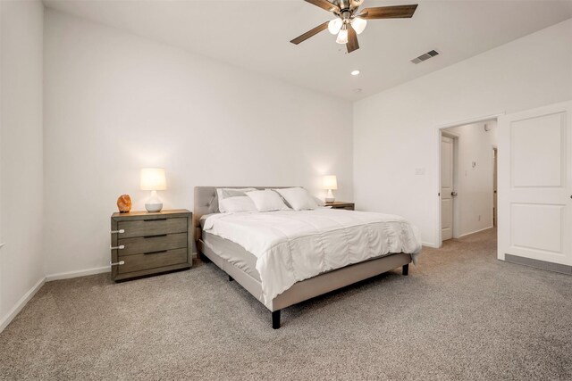 bedroom with a ceiling fan, visible vents, baseboards, carpet flooring, and recessed lighting