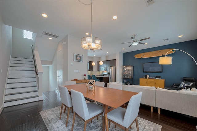 dining area with stairs, recessed lighting, a ceiling fan, dark wood-type flooring, and visible vents