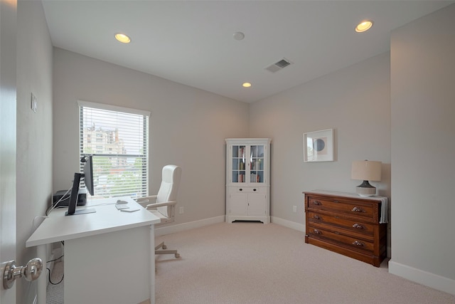 carpeted home office with recessed lighting, baseboards, and visible vents