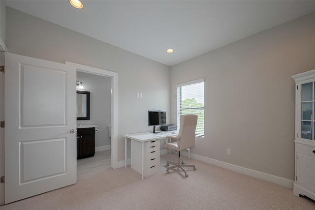 office with light colored carpet, recessed lighting, and baseboards