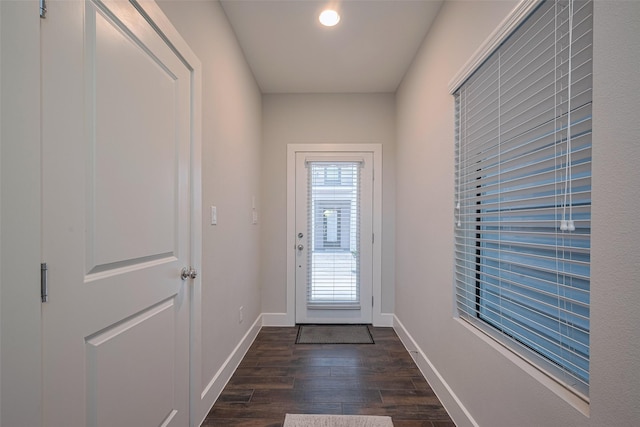 doorway to outside with baseboards and dark wood-style floors