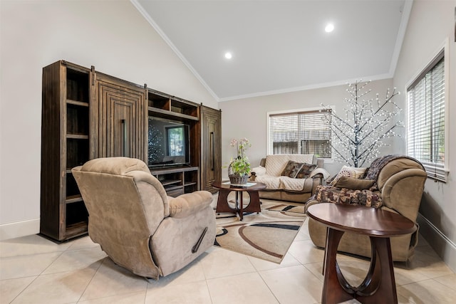 living area with crown molding, light tile patterned floors, high vaulted ceiling, and a wealth of natural light