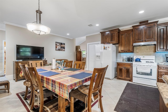 dining room featuring light tile patterned floors, ornamental molding, recessed lighting, and visible vents