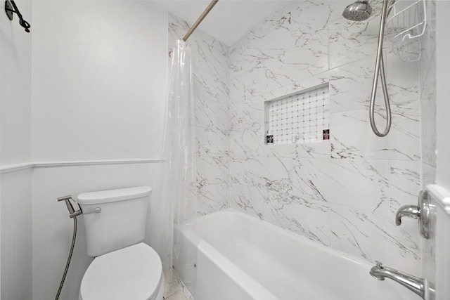 bathroom featuring toilet and shower / bathtub combination with curtain