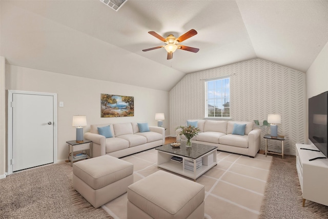 5331 Rue Dela Croix Dr, Katy, TX 77493 - living room featuring a ceiling fan, vaulted ceiling, wallpapered walls, and visible vents