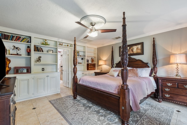 bedroom featuring a ceiling fan, crown molding, visible vents, and light tile patterned flooring