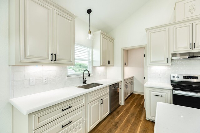 kitchen featuring dark wood-style flooring, appliances with stainless steel finishes, a sink, lofted ceiling, and under cabinet range hood