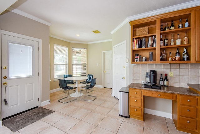 interior space with crown molding, light tile patterned flooring, baseboards, recessed lighting, and backsplash