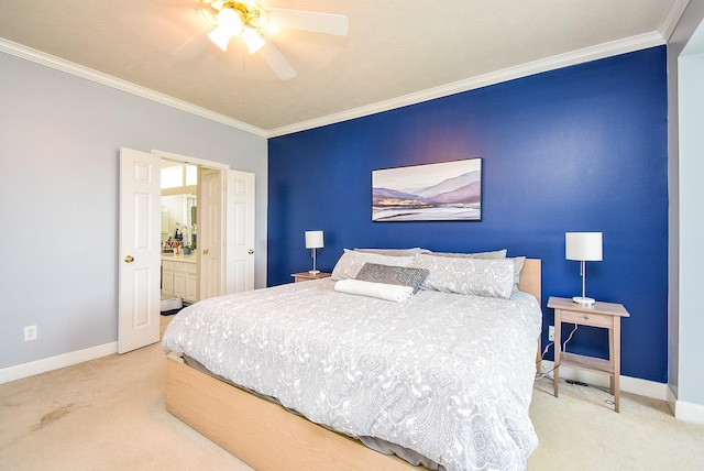 carpeted bedroom featuring a ceiling fan, baseboards, and ornamental molding