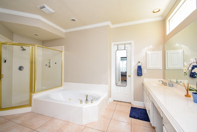 bathroom featuring a jetted tub, visible vents, a shower stall, tile patterned floors, and vanity