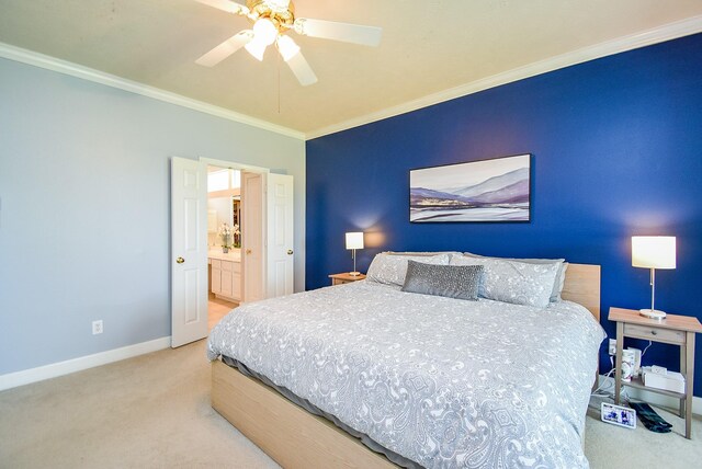 12131 Cielio Bay Ln, Houston, TX 77041 - carpeted bedroom with crown molding, baseboards, and ceiling fan