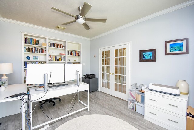 12131 Cielio Bay Ln, Houston, TX 77041 - home office with french doors, ornamental molding, a ceiling fan, and light wood-style flooring
