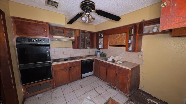 kitchen featuring light tile patterned flooring, ceiling fan, light countertops, decorative backsplash, and black appliances