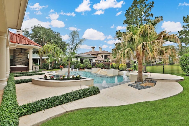 view of pool with a fenced in pool, a lawn, fence, and a patio
