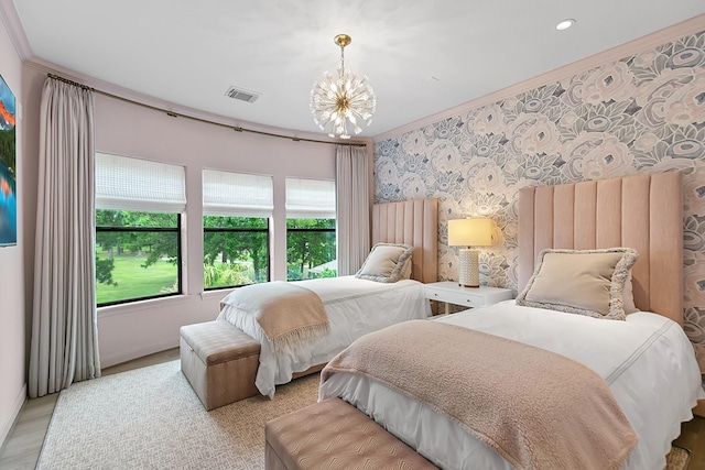bedroom with crown molding, an inviting chandelier, recessed lighting, wallpapered walls, and visible vents
