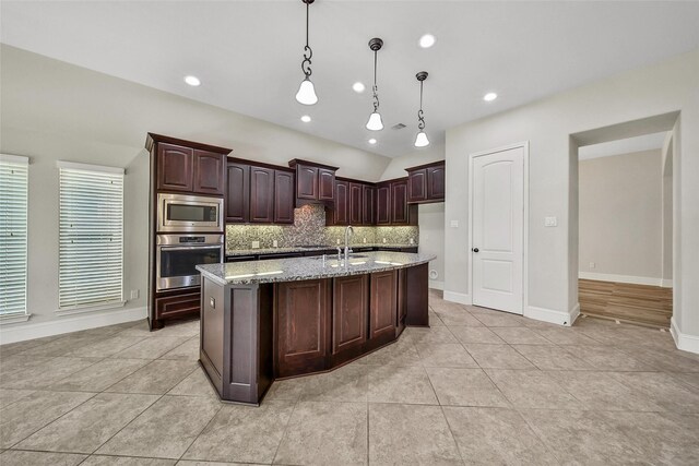 kitchen featuring backsplash, pendant lighting, light stone counters, stainless steel appliances, and light tile patterned flooring