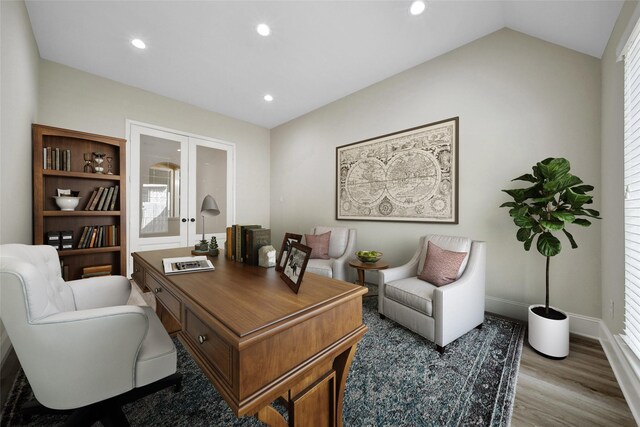 office featuring baseboards, french doors, recessed lighting, and wood finished floors