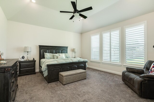 bedroom featuring baseboards, carpet, ceiling fan, and lofted ceiling