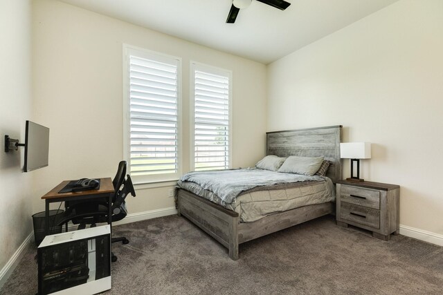 bedroom with carpet floors, a ceiling fan, and baseboards
