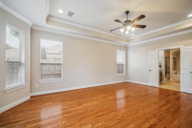 unfurnished room featuring a raised ceiling, wood finished floors, and a wealth of natural light