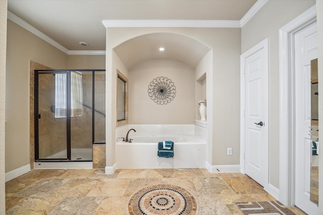 full bath with baseboards, a shower stall, ornamental molding, a garden tub, and stone tile flooring
