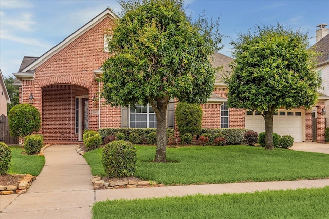 view of front of property featuring brick siding, a front yard, and concrete driveway