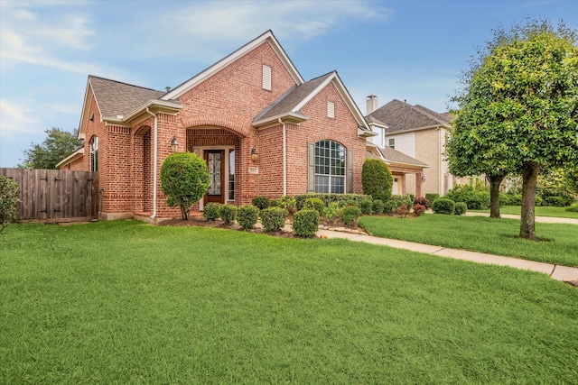 view of front of home with brick siding, fence, roof with shingles, and a front lawn
