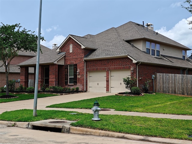 view of front facade with brick siding, fence, a shingled roof, and a front yard