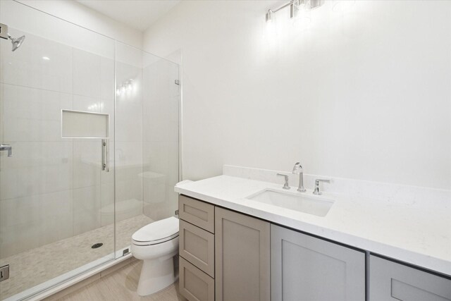 bathroom featuring vanity, toilet, and a shower stall
