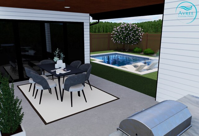 view of pool with fence, a fenced in pool, a patio, and outdoor dining space