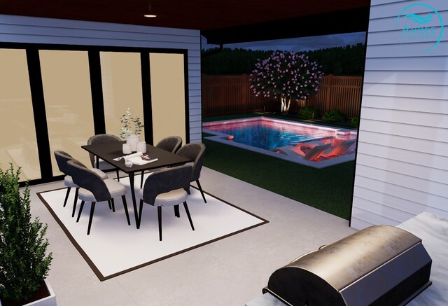 exterior space with fence, a fenced in pool, and outdoor dining area