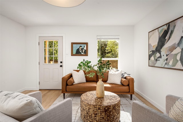 living area featuring baseboards, a healthy amount of sunlight, and light wood finished floors