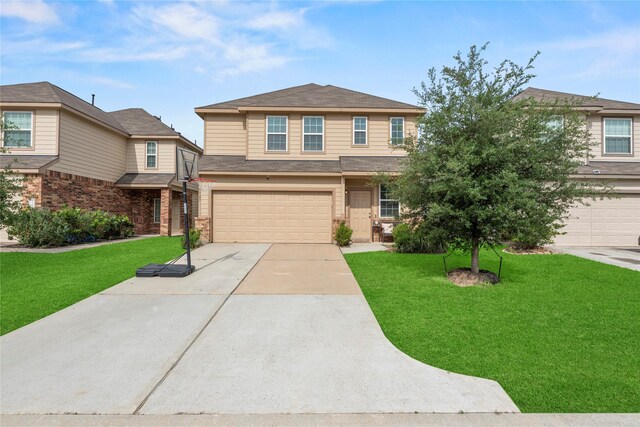 view of front of home with a garage, a front yard, roof with shingles, brick siding, and concrete driveway