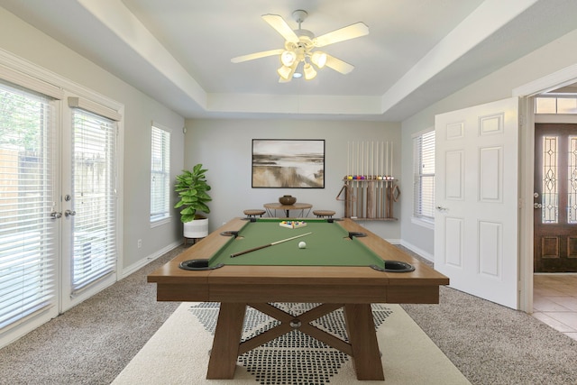 9907 Adeline Ln, Houston, TX 77054 - rec room featuring carpet flooring, a raised ceiling, a ceiling fan, baseboards, and billiards