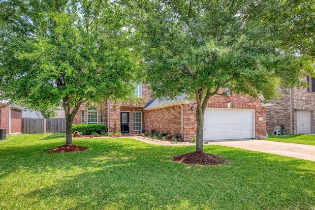 obstructed view of property with a front yard, brick siding, fence, cooling unit, and concrete driveway