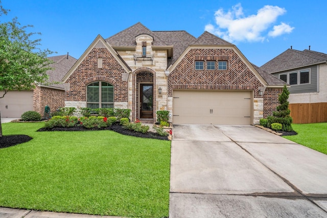 french country style house with roof with shingles, driveway, and brick siding