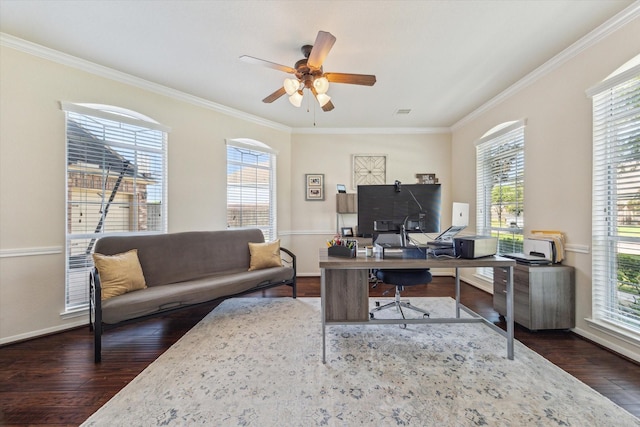 2411 Lakeway Dr, Friendswood, TX 77546 - home office featuring plenty of natural light, ornamental molding, a ceiling fan, and dark wood-style flooring