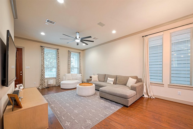 1224 Nelson Falls Ln, Houston, TX 77008 - living room with a ceiling fan, crown molding, wood finished floors, recessed lighting, and baseboards