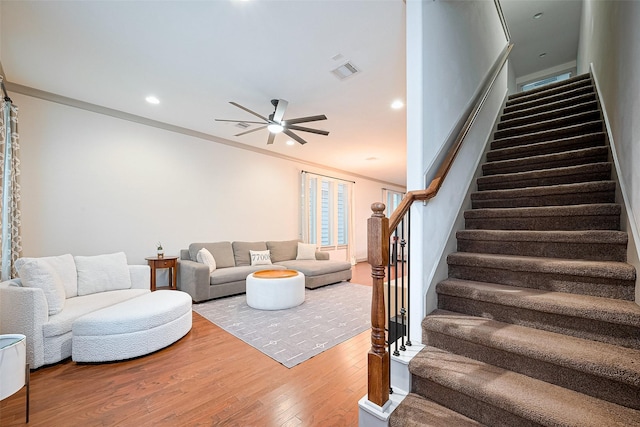 1224 Nelson Falls Ln, Houston, TX 77008 - living room featuring hardwood / wood-style flooring, stairway, a ceiling fan, ornamental molding, and recessed lighting