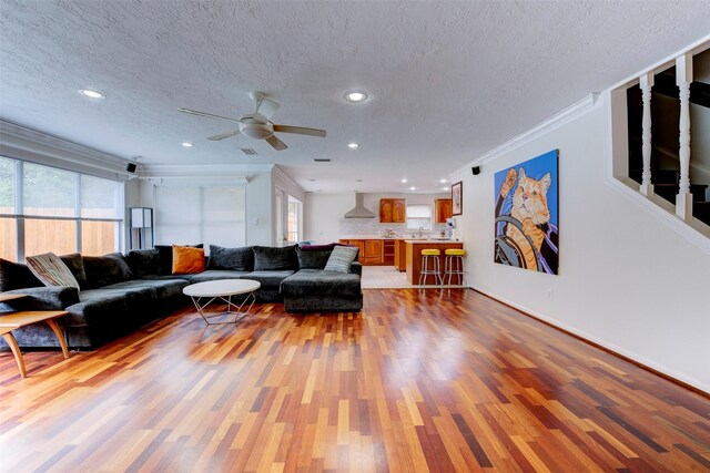 living area featuring a textured ceiling, ornamental molding, light wood-style flooring, and a healthy amount of sunlight