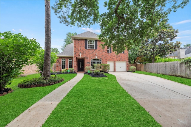 4614 Ringrose Dr, Missouri City, TX 77459 - traditional-style home with a front yard, brick siding, fence, concrete driveway, and an attached garage
