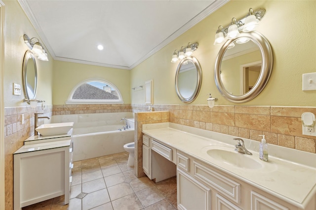 4614 Ringrose Dr, Missouri City, TX 77459 - full bathroom with tile walls, ornamental molding, vanity, and tile patterned floors