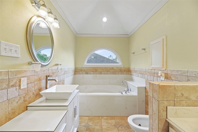 4614 Ringrose Dr, Missouri City, TX 77459 - full bath featuring a garden tub, crown molding, tile walls, vanity, and tile patterned floors