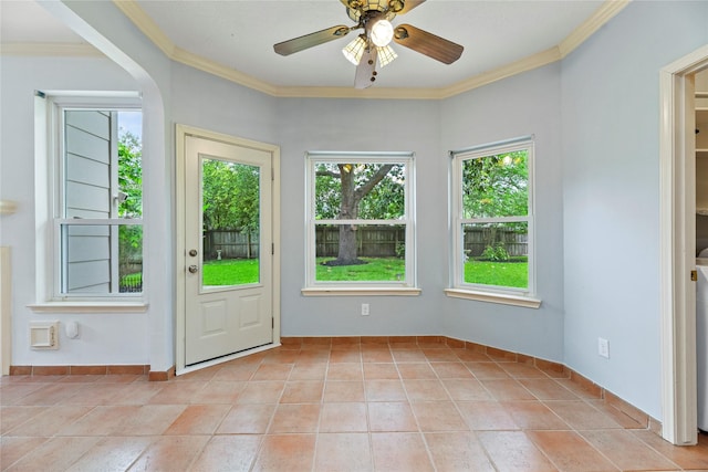 4614 Ringrose Dr, Missouri City, TX 77459 - entrance foyer featuring ceiling fan, ornamental molding, and light tile patterned floors