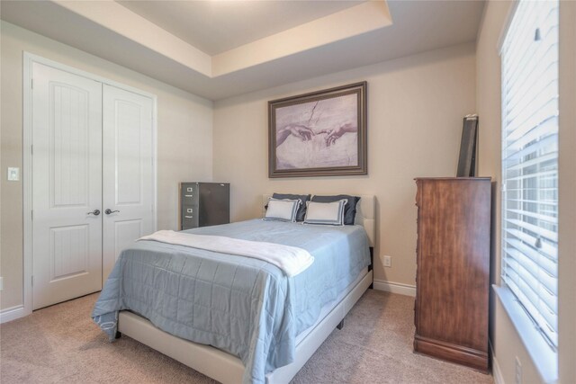 carpeted bedroom featuring a raised ceiling, baseboards, and a closet