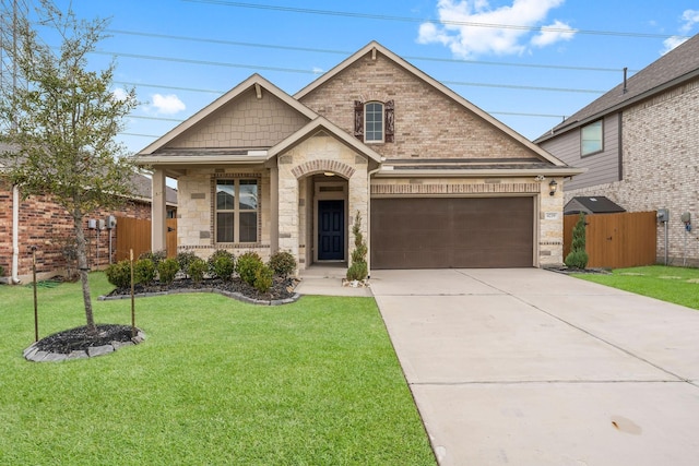 view of front of property featuring fence, driveway, a front lawn, and brick siding