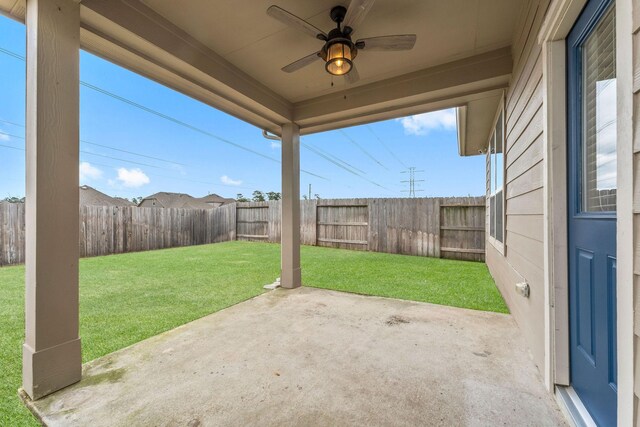 view of patio / terrace featuring a fenced backyard and ceiling fan