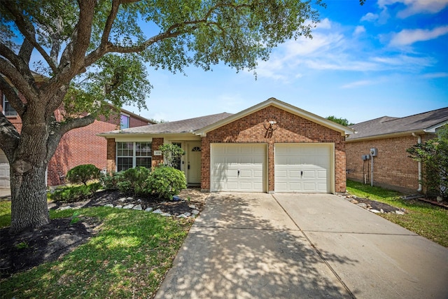 ranch-style house with brick siding, a garage, and driveway