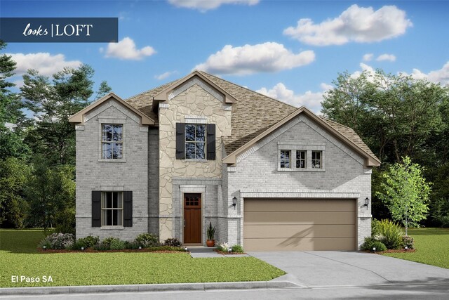 view of front of house with a front yard, a garage, brick siding, concrete driveway, and stone siding