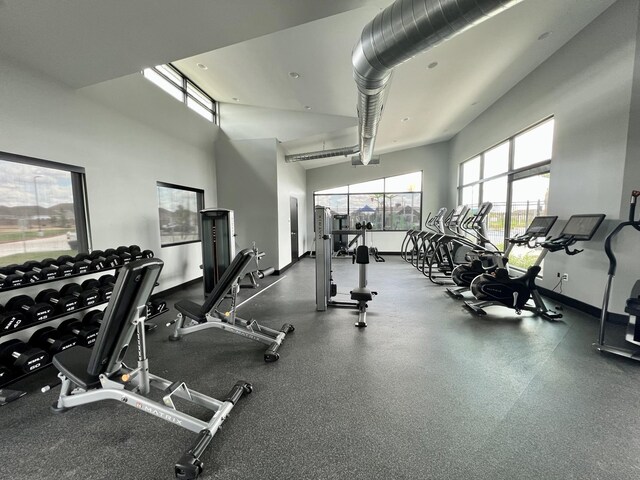 exercise room with baseboards and a high ceiling